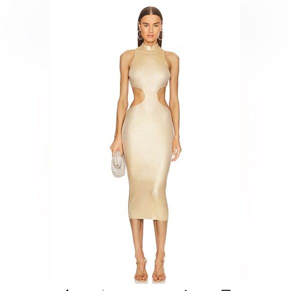 MICHAEL COSTELLO x REVOLVE Calista Midi Dress Summer Gold Champagne Sz Small - Picture 1 of 12